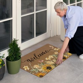 Qskjre Sunflower Welcome Door Mat, Summer Sunflowers Floral Front Faux Coir Doormat for Indoor Outdoor Entrance Kitchen, Farmhouse Flower Butterfly Decorative Door Mats Small Rug 17X29 Inch