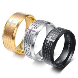 HIJONES Mens Stainless Steel Bible Verse Lords Prayer Cross God Ring Silver Size Z+1