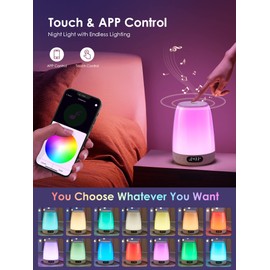 One Fire Children's Bedside Lamp with Light Alarm Clock, App Night Light Children with Alarm Clock Children, RGB + 10 Brightness Bedside Lamp Touch Dimmable, 14 White Noise Night Light Baby Nursing