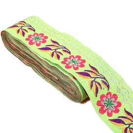 7 Yards 2inch Daisy Leaves on Waves Jacquard Ribbon Floral Embroidered Woven Trim for Embellishment Craft Supplies(Lime)