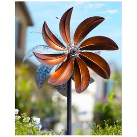 Cyan Oasis Wind Spinners Outdoor, Copper Teal Kinetic Wind Spinner with Stake, Garden Yard Spinners Windmill Decor for Patio Lawn (12" W x 70" H)