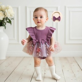 Newborn Infant Baby Girls Romper Dress Summer Jumpsuits Clothes Knitted Tutu Mesh Floral Skirt with Headband (Purple, 0-3 Months)