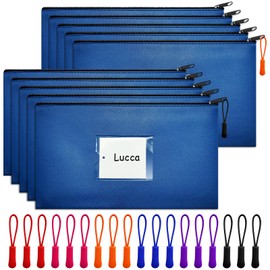 10 Pcs Money Bags With Zipper Blue Money Pouch Bag Wallet Pouches with Label 11x6.1inch Bank Deposit Bags Leather Cash Coin Zipper Bags Checks Bag Organizer Receipt Holder Makeup Bags for Women Men