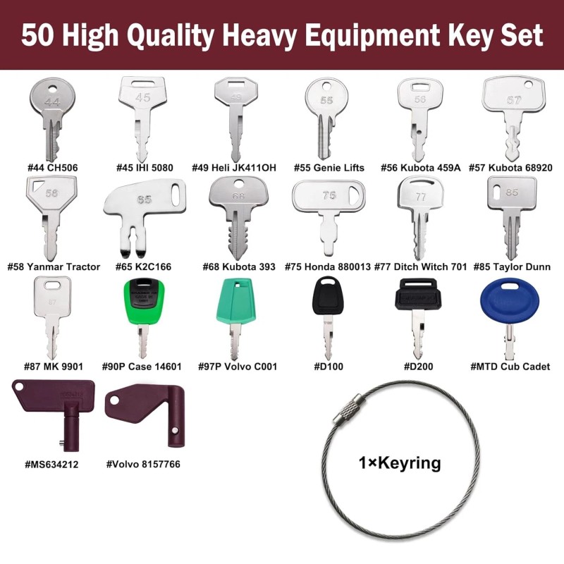 MOUNTPARTS 50 Heavy Equipment Keys Set Kubota JCB Cat Yanmar