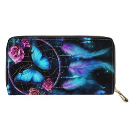 HUGS IDEA Dream Catcherlue Butterfly Womens Wallet Elegant Long Slim Card Holder Fashion Coin Purse Zip Clutch Wallets for Ladies Portable Slim Clutch Purse