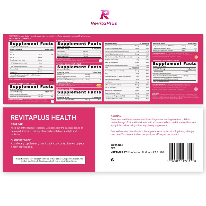 RevitaPlus Multivitamin for Women with Vitamin A,B,C,D3,E,K2,Biotin, Collagen,Krill Oil,Cranberries Supports