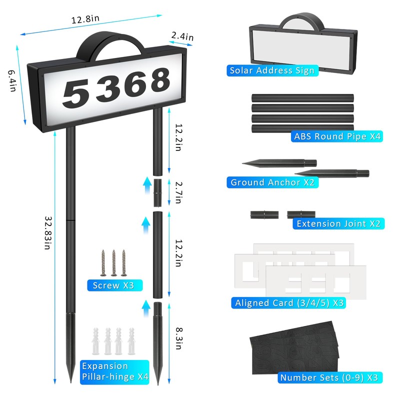 Solar Address Signs for Yard, Solar Powered Address Sign with