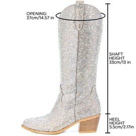 SOVANYOU Rhinestone Boots Cowboy Sparkly Boots for Women Silver Bling Boots Glitter Western Cowgirl Tall Boots Pointed Toe Crystal Knee High Boots