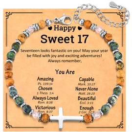 JEIKTO 17 Year Old Girl Gifts, Happy 17th Birthday Decorations Beaded Cross Bracelet, Gifts for 17 Year Old Girls Teens Niece Daughter Granddaughter Trendy Stuff with Cards