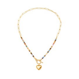 PEARLADA Dainty Gold Heart Pendant Necklace, Colorful Beads Mix Paperclip Chain Necklace, Statement Trendy y2k Jewelry