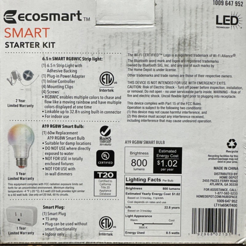 Ecosmart Hubspace Starter Kit 6.5" RGBWIC strip light, A19 Bulb,