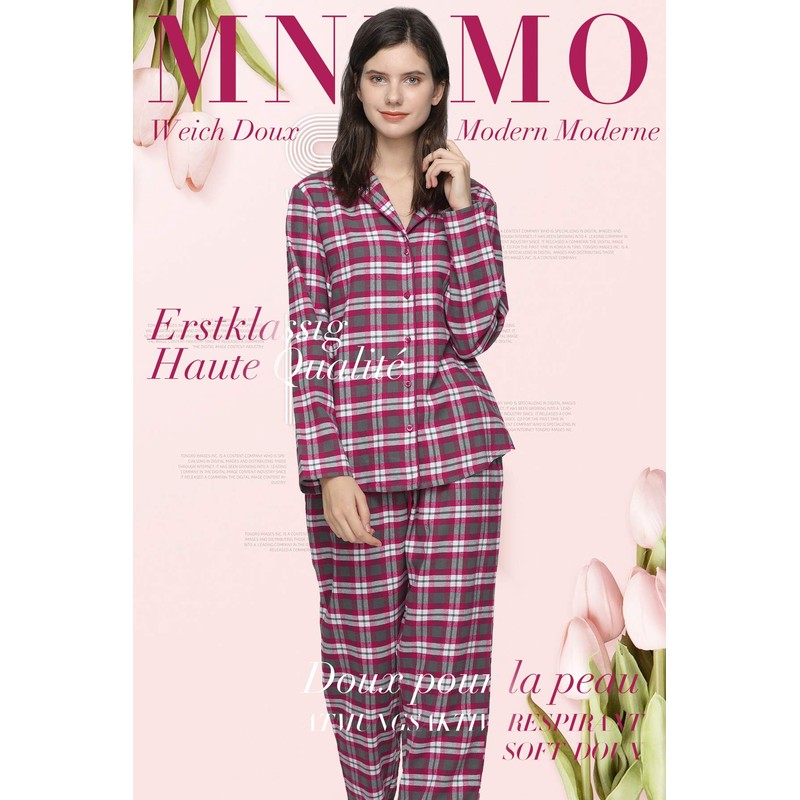 Mnemo Home Women's Long Flannel Pyjamas, 100% Cotton, Flannel, red