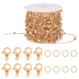 Beebeecraft 32.8Feet/10M 18K Gold Plated Chains for Jewelry Making 4mm Ball Beaded Cable Chain Necklace Spool Bulk with 20 Lobster Clasps and 20 Jump Rings for Jewelry Making