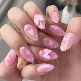 MOTIBACK French 24pcs Press on Nails, Almond Shape,Full Cover False Nails - Stick on Nails for Women and Girls Nail Art Accessories (Pink, with Bow & Pearl Design)