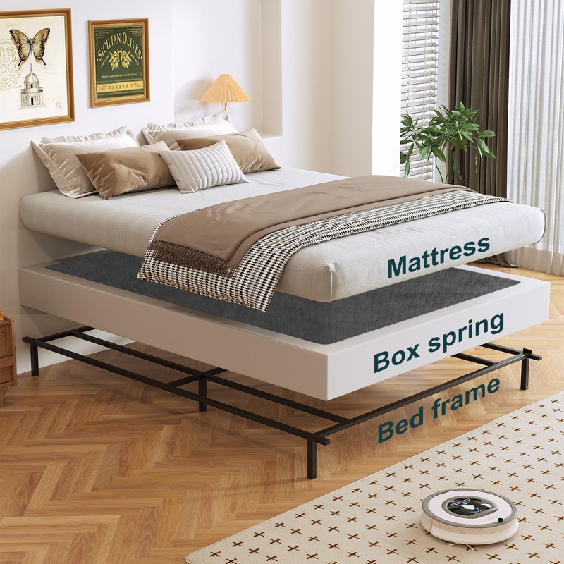Arhomefurni Box Spring, Metal Frame Mattress Foundation with Fabric Cover,
