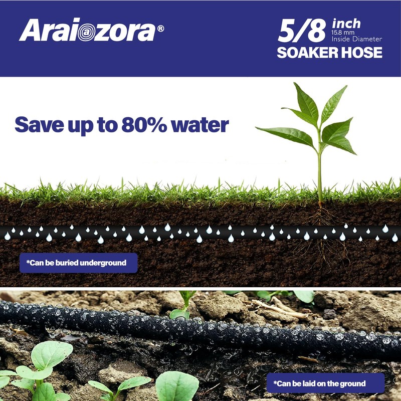 Araiozora Soaker Hose 100FT, 5/8“ Heavy Duty Ruber Round Soaker