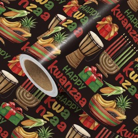 WRAPAHOLIC Kwanzaa Wrapping Paper Roll - Mini Roll - 17 Inch x 16.5 Feet - Fruits, Menorah and Happy Kwanzaa Wrapping Paper Perfect for African American Holidays, Christmas