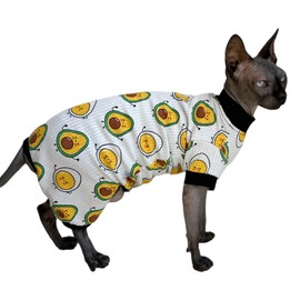 Sphynx Cat Four Leg Cotton Pajamas Elastic Pet Clothes for Hairless Cats Surgery Recovery Suit Cat Undershirt Clothes for Sphynx, Devon, Cornish (Egg & Avocado, L)