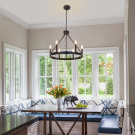 Puyveyor 19.5" 6 Lights Wagon Wheel Chandelier, Black Farmhouse Metal Round Industrial Kitchen Island Pendant Light for Living Dining Room Foyer Entryway, Height Adjustable, E12 Socket