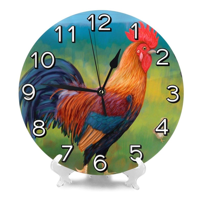Abucaky Rustic Rooster Chicken Wall Clock Battery Operated Silent Round