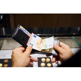 Premium Leather Credit Card Case for Men - POLIVA Mini Wallet with Card Holder & Slim Clip - Wallet with RFID Protection - Brown & Black - 6 Compartments, black, money clip