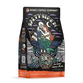 Bones Coffee Company Salty Siren, Sea Salted Caramel Chocolate Flavored Coffee, Medium Roast Low Acid Arabica Beans Compatible with Auto drip and French Press Coffee Maker, 12 Oz Ground