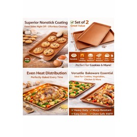 Ihanini Set of 2 Nonstick Copper Baking Sheets, 11" x 16" Cookie Sheet Pan, Nonstick Copper Coating Bakeware for Cookies, Roasting & Baking, Easy Clean, Durable & Even Heat Distribution