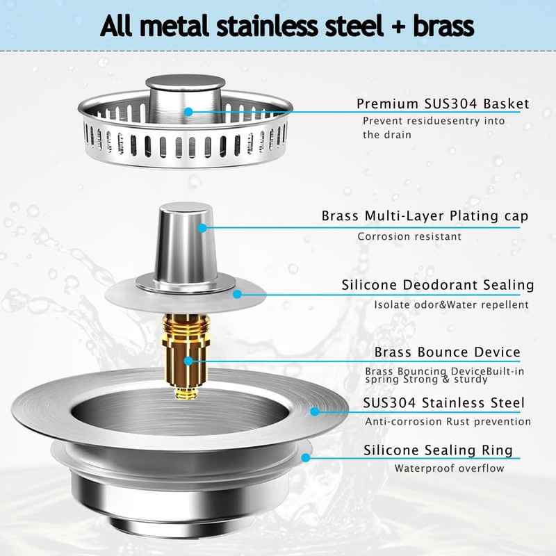 3-in-1 Kitchen Sink Drain Strainer Stopper, Upgraded Stainless Steel Sink