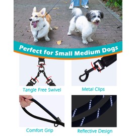 PetBonus Rope Double Dog Leash, No Tangle Dual Leash, Reflective Walking Training Lead with Two Comfortable Padded Handles, Lead Coupler for Medium Large Dogs (0.8 cm x 6.5FT, Blue)