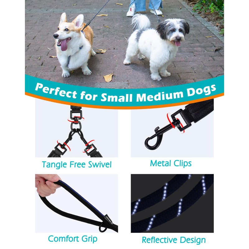 PetBonus Rope Double Dog Leash, No Tangle Dual Leash, Reflective