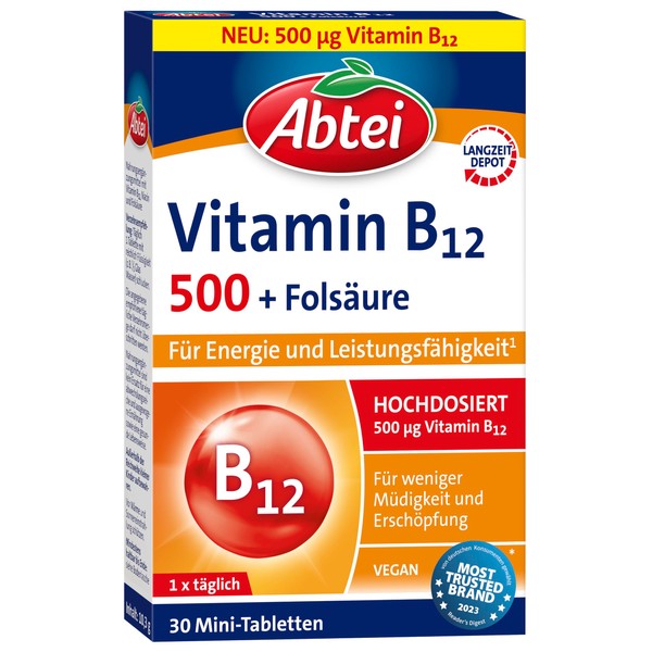 Abtei Vitamin B12 Plus Folic Acid - for Energy and Performance - High Dose with 500 μg Vitamin B12 and 200 μg Folic Acid, 1 x 30 Tablets