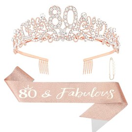 CIEHER 80th Birthday Decorations Set - 80th Birtday Crown and Sash Rose Gold