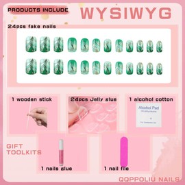 QQPPOLIU Press on Nails,Short Press on Nails Square with Floral Design Green Nails Press on (Mermaid)