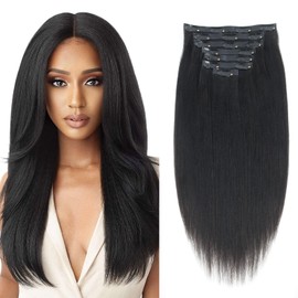 ABH AMAZINGBEAUTY HAIR Yaki Clip in Hair Extensions Real Human Hair Seamless Hair Extensions Double Weft Clip in Hair Extensions Yaki Straight Clip ins for Black Women PU Invisible 14 Inch 120G 7Pcs