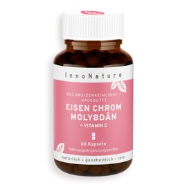 InnoNature Iron Chrome Molybdenum Capsules | Natural from Buckwheat Seedlings and Rosehip | 60 Capsules, 14 mg Iron + 80 μg Chrome + 100 μg Molybdenum per Capsule | Gluten Free, Vegan, Vegetable Based