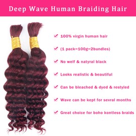 Human Braiding Hair for Boho Braids Burgundy Deep Wave Bulk Human Hair for Braiding 16 Inch 2 Bundles 100G #99J Wet and Wavy Curly Human Hair Red Braiding Hair Extensions No Weft Bundles for Braiding