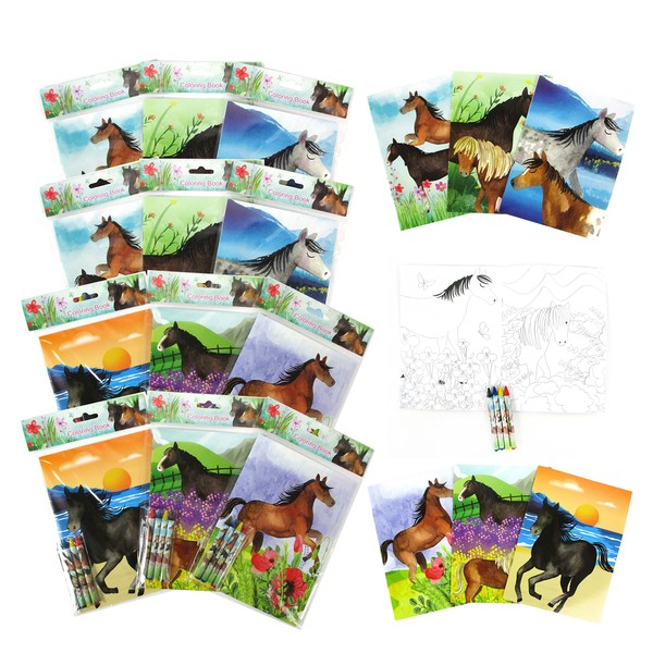 TINYMILLS Horse and Pony Coloring Book Set with 12 Coloring Books and 48 Crayons Horse Western Birthday Party Supplies Favor Bag Filler Carnival Prizes Rewards Stocking Stuffers