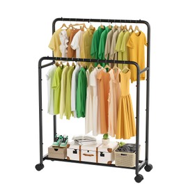 Simple Trending Clothing Clothes Rack Double Rods with Wheels, Rolling Metal Garment Rack for Hanging, Black