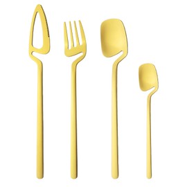 Snplowum 24-Pieces Hangable & Cute 18/10 Stainless Steel Flatware Set, Matte Cutlery Set Kitchen Dinnerware Include Knife/Fork/Spoon/Teaspoon Service for 6, Gold