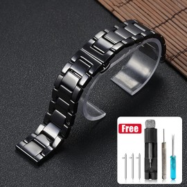 Nice Pies Ceramic Bracelet Watch Band Universal strap with Quick Release Pins Butterfly Buckle Deployment Clasp (14mm, Black)