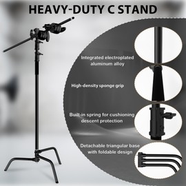 C Stand with Boom Arm, Photography Light Stand Kit - Heavy Duty C-Stand with 6.8ft/210cm Stainless Steel Pole, 2.8ft/87cm Boom Arm, Grip Heads, Sandbag for Studio Lighting, Black