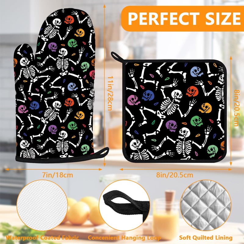 Colorful Skull Oven Mitts and Pot Holders Sets 4Pcs,Heat Resistant