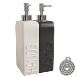 Karisky Soap Dispenser Set with Funnel, Non-Slip Silicone Pads, 2 Pack Ceramic Refillable Dish Soap and Hand Soap Dispenser for Kitchen, Bathroom, Matte Black and White