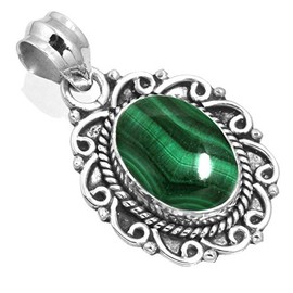 Jeweloporium Genuine Green Malachite 925 Silver Pendant for Women Stone Cocktail Silver Pendant Necklace Birthday Gift Victorian Jewelry