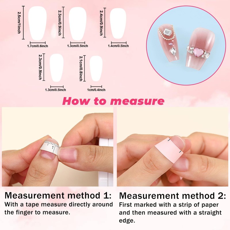 Sethexy Long Coffin Pink False Nails Handmade Rhinestone Blushing Gradient