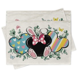 Croar Easter Cartoon Mouse Placemats Set of 4, Bunny Rabbit Ears Colorful Stripes Dining Place Mats Table Decor, Eucalyptus Leaves Butterfly Home Kitchen Decoration 12 x 18 Inch