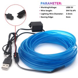 El Wire Lights for Car, Blue El Wire Car Interior Neon Lights 16FT/5M Car Led Strip Light Interior USB 5V for Car Garden Party Decoration