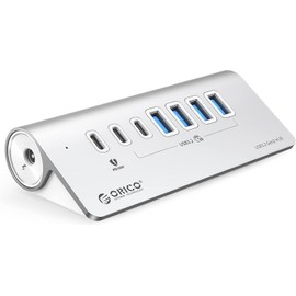 ORICO 7 Port USB Hub 10Gbps, Aluminum USB 3.2 Gen 2 Hub, 6 USB 3.2 Data Ports, 1 PD 60W Charging Ports, 24V 3A Power Adapter, 3.28Ft A to C Cable, USB Data Hub for Laptop