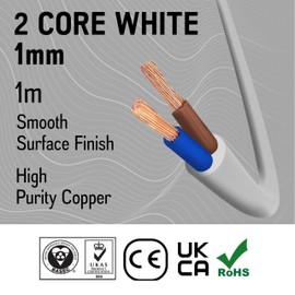 Primes DIY 2 Core Round White Flex Flexible Cable, stranded electrical copper wire, Insulated Flexible PVC Wire, Stranded Wire High Temperature Resistance, 3182Y BASEC Approved 1mm(1 Meter)