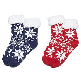 Wearever Women's Warm Fuzzy Non-Skid Faux Fur Sherpa Lined Winter Slipper Socks Navy & Red Snowflake - 2 Pair